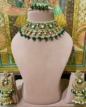 GREEN KUNDAN GOLD PLATED BRIDAL NECKLACE SET