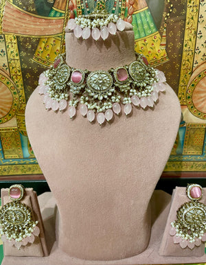 MONALISA STONES SABYASACHI INSPIRED DESIGNER NECKLACE SET (SOFT PINK)