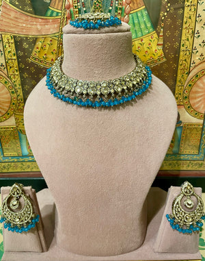 LAPIS BLUE GOLD TONED ETHNIC NECKLACE SET