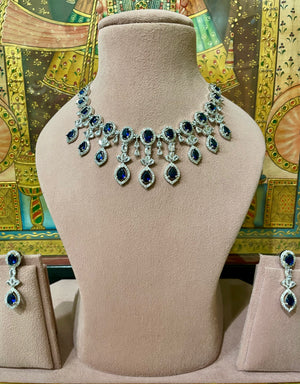 DARK BLUE AMERICAN DIAMOND (AD) BRIDAL NECKLACE SET