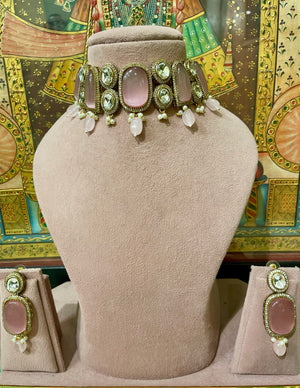 PINK MONALISA STONES KUNDAN DESIGNER CHOKER SET