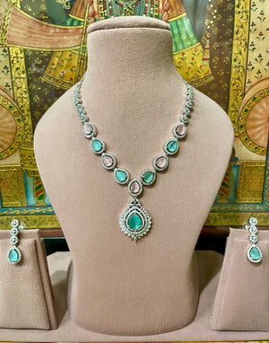 MINT GREEN & PINK MONALISA STONE AMERICAN DIAMOND (AD) NECKLACE SET