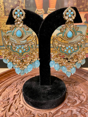 SKY BLUE ETHNIC GOLD TONED DESIGNER DANGLER EARRINGS