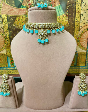 SKY BLUE GOLD PLATED KUNDAN PENDANT NECKLACE SET