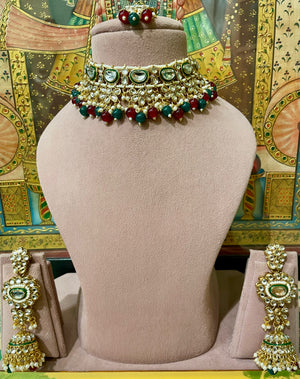 MULTI MAROON & GREEN KUNDAN GOLD PLATED BRIDAL NECKLACE SET