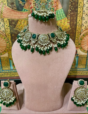 MONALISA STONES SABYASACHI INSPIRED DESIGNER NECKLACE SET (GREEN)