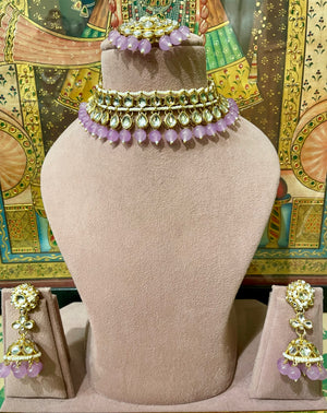 LAVENDER ETHNIC KUNDAN JHUMKI NECKLACE SET