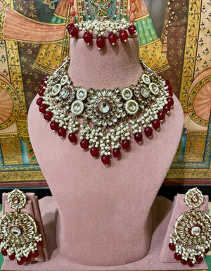 VICTORIAN KUNDAN BRIDAL NECKLACE SET (MAROON)