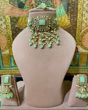 MINT GREEN NIZAM KUNDAN GOLD PLATED ETHNIC CHOKER SET