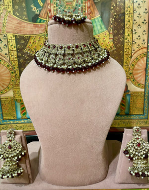 DARK MAROON GOLD TONED BRIDAL NECKLACE SET