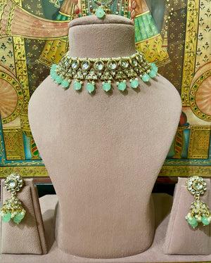 MINT GREEN KUNDAN GOLD PLATED NECKLACE SET