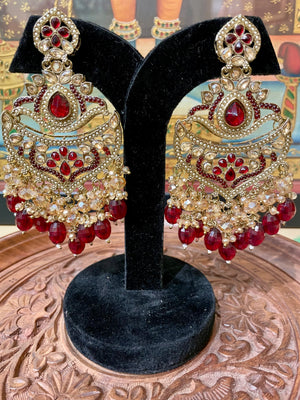 MAROON ETHNIC GOLD TONED DESIGNER DANGLER EARRINGS
