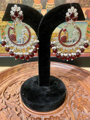 DARK MAROON SILVER TONED CHANDBALI DESIGNER EARRINGS