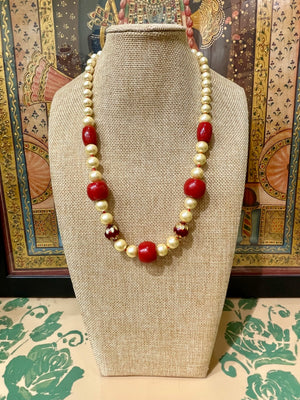 GOLDEN PEARL & RED CORAL STRING NECKLACE