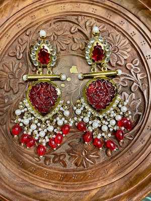 RED STONES GOLD TONED ROYAL DANGLER EARRINGS