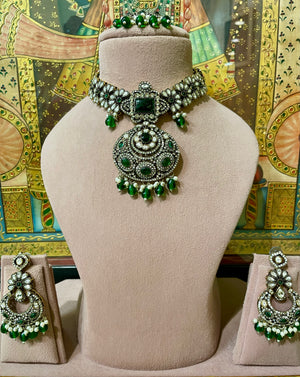GREEN MOISSANITE KUNDAN DESIGNER ROUND PENDANT NECKLACE SET