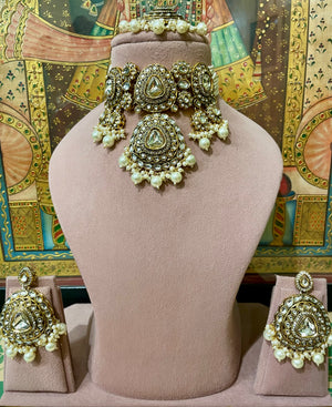 IVORY WHITE GOLD PLATED NIZAM KUNDAN BRIDAL CHOKER SET