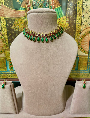 TRADITIONAL SOUTH INDIAN GREEN & RED KEMP STONES NECKLACE SET