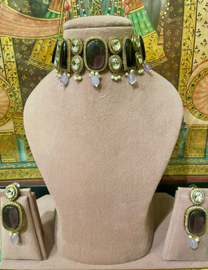 DARK PURPLE MONALISA STONES KUNDAN DESIGNER CHOKER SET