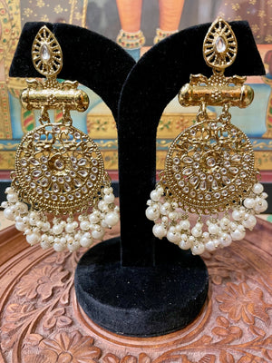 IVORY WHITE KUNDAN GOLD TONED ROYAL DANGLER EARRINGS