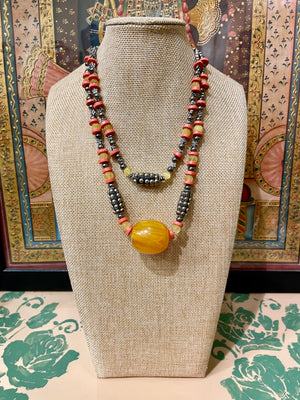 OXIDISED SILVER BEADS WITH ORANGE SEMI PRECIOUS STONE DOUBLE LAYER NECKLACE