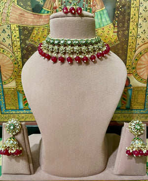 DARK PINK KUNDAN GOLD PLATED SEMI BRIDAL NECKLACE SET