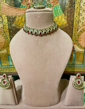 RUBY RED GOLD TONED DELICATE DESIGNER NECKLACE SET