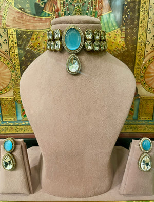 SKY BLUE MONALISA STONE NIZAM KUNDAN CHOKER SET