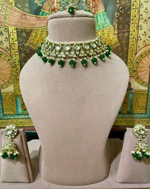 GREEN KUNDAN GOLD PLATED NECKLACE SET