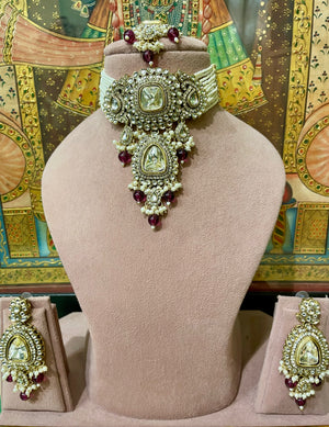 BURGUNDY NIZAM KUNDAN PEARL CHOKER SET