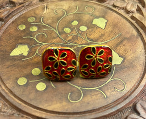 RED MEENAKARI SQUARE STUD EARRINGS