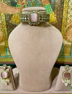 PINK MONALISA STONE KUNDAN INDO WESTERN CHOKER SET