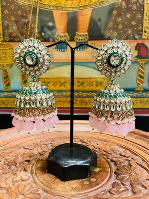 SOFT PINK POLKI JHUMKI EARRINGS