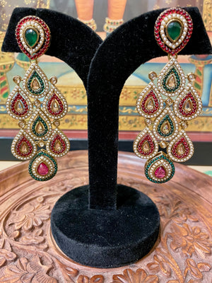 DARK PINK & GREEN DROP JADAI PEARL DANGLER DESIGNER EARRINGS