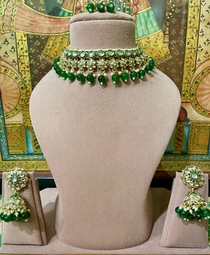 GREEN KUNDAN GOLD PLATED SEMI BRIDAL NECKLACE SET