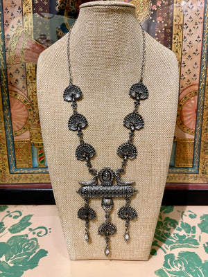 OXIDISED SILVER DESIGNER PENDANT LONG NECKLACE