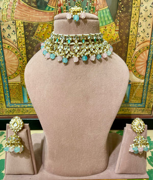 KUNDAN PINK & MINT GREEN GOLD FINISH CHOKER NECKLACE SET