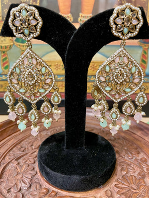 SOFT PINK & MINT GREEN DESIGNER ETHNIC DANGLER EARRINGS