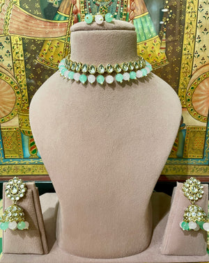 MULTI COLOUR SLEEK GOLD PLATED KUNDAN LEAF DESIGN SET