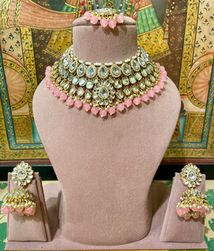 POLKI KUNDAN PINK SEMI BRIDAL NECKLACE SET