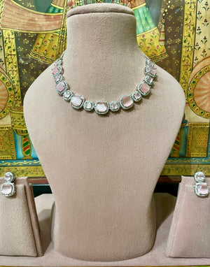 PINK MONALISA STONE AMERICAN DIAMOND (AD) NECKLACE SET