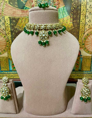 GREEN GOLD PLATED KUNDAN PENDANT NECKLACE SET