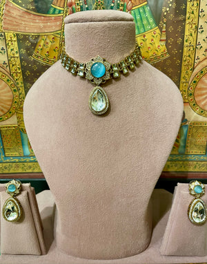 SKY BLUE MONALISA STONE KUNDAN FLORAL LIGHT CHOKER SET