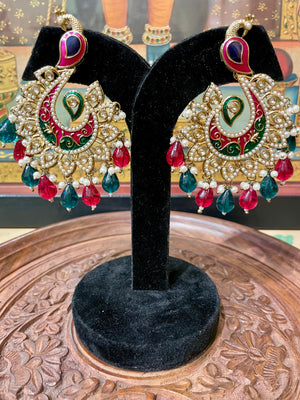 DARK PINK & GREEN PEACOCK DESIGN TRADITIONAL EARRINGS