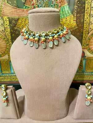 KUNDAN GOLD PLATED DESIGNER SEMI PRECIOUS DROPS NECKLACE SET