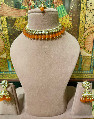 ORANGE KUNDAN SLEEK NECKLACE SET
