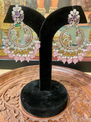 SOFT PINK SILVER TONED CHANDBALI DESIGNER EARRINGS
