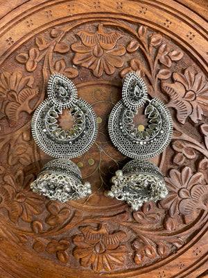 OXIDISED SILVER JHUMKI ETHNIC EARRINGS