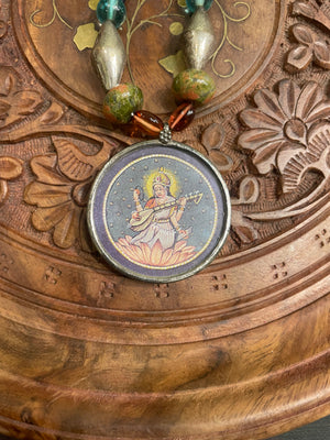 HANDPAINTED MAA SARASWATI  SEMI PRECIOUS NECKLACE