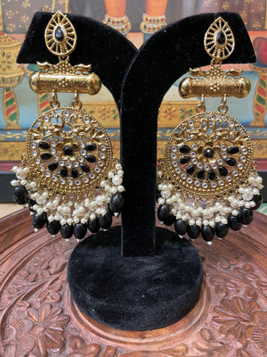 BLACK KUNDAN GOLD TONED ROYAL DANGLER EARRINGS